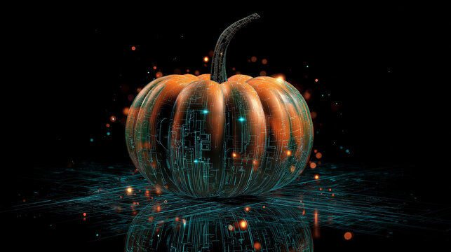 A Halloween pumpkin carved with futuristic technology-inspired patterns, glowing with neon lights on black backgrounds