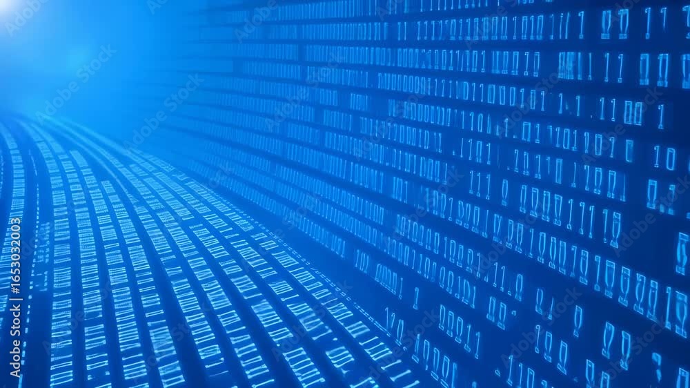 Poster blue-toned abstract visualization of binary code streaming in curved parallel lines, representing di