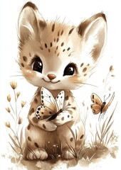Cute illustration of a kitten holding butterflies in a natural setting with flowers.