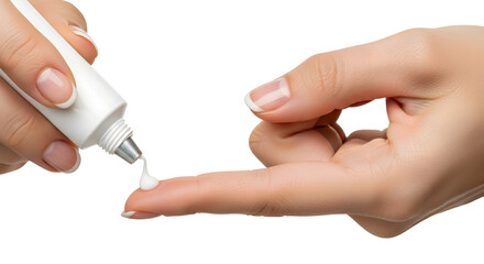 Hand Applying White Cream From Tube on Finger, Clean Background
