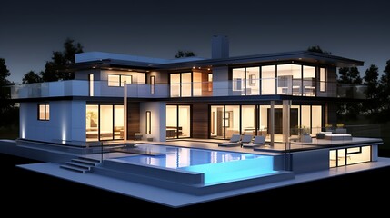 Fototapeta premium An architectural blueprint provides context for a detailed 3D model of a modern house, showcasing its interior layout and design.