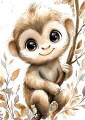 A cute cartoon monkey character sitting on a branch with a friendly smile, surrounded by soft plants and leaves.