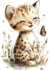 A happy cartoon kitten with spots, smiling at a butterfly in a grassy setting.