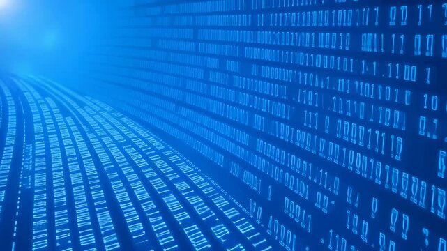 Blue-toned abstract visualization of binary code streaming in curved parallel lines, representing digital data transmission and technological connectivity