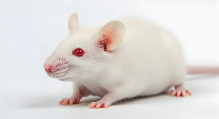 Albino Mouse Resting on White Background with Red Eyes