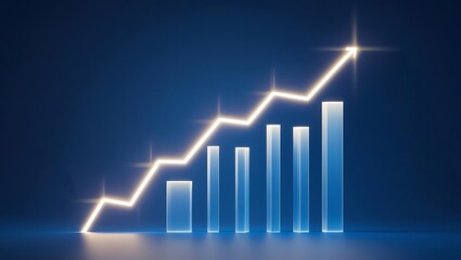 Futuristic glowing data visualization graph with neon light bars and line chart on dark background