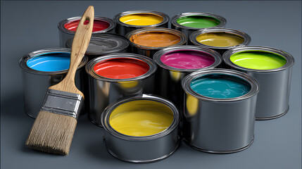 Open Cans With Color Paint and Brush - 3d illustration Stock Illustration