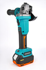 Convenient angle grinder with protective cover and battery. On a white background