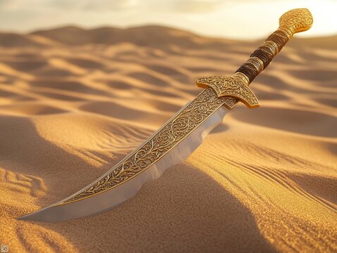 A beautifully crafted Arabian khanjar (dagger) embedded in the desert sand, its handle adorned with gold and intricate carvings