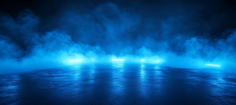 Mysterious blue neon lights illuminate a smoky wet asphalt surface creating dramatic reflections on a dark atmospheric background
