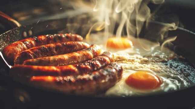 Sausage and fried eggs on a pan, Traditional English breakfast cooking sausages and fried eggs in hot cast iron pan with rising steam, rustic homemade food scene, sizzling skillet meal, comfort food 