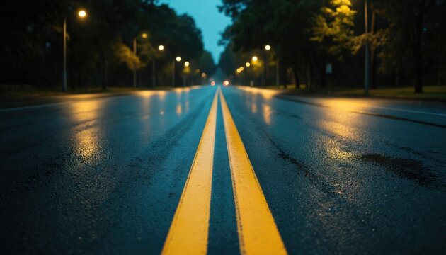 Wet road with double yellow line in center, glistening under streetlights on rainy night. Reflective asphalt surface signifies caution, slippery conditions for drivers. Urban nighttime scene with - Powered by Adobe