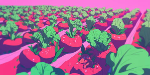Obraz premium Radish vegetable field pastel hand drawn sprout dew green pink agriculture rows of vibrant radishes with lush green leaves and dew drops in stylized pastel field evoke freshness and growth