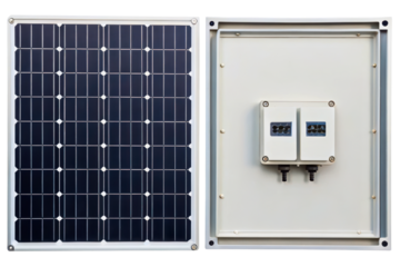 Front and back of a photovoltaic solar panel for green energy isolated with transparent background