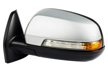 Silver car side view mirror with integrated turn signal light isolated with transparent background