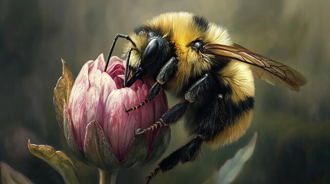 A bumble bee on a closed bud. Semi-realism painting