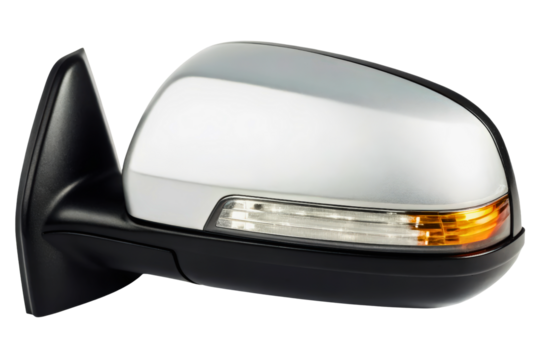 Silver car side view mirror with integrated turn signal light isolated with transparent background