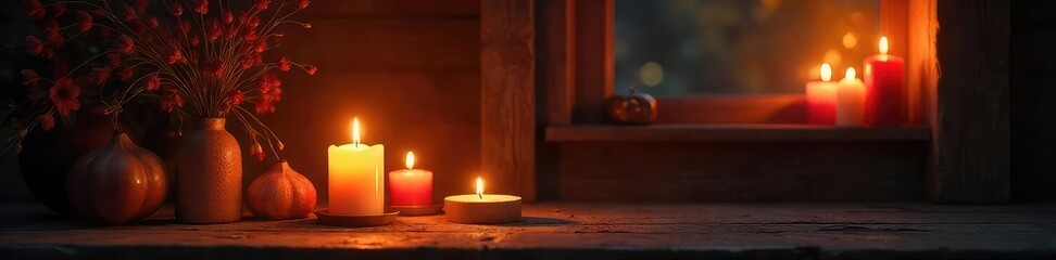 Romantic ambiance created by flickering candlelight illuminating a cozy interior, casting warm shadows on textured surfaces , peaceful, texture
