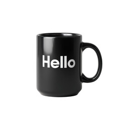 Black mug with Hello text simple design, isolated on transparent background, perfect cutout, PNG