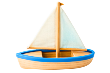 Simple wooden toy sailboat with a white sail and blue trim isolated with transparent background
