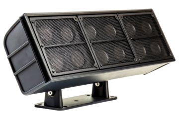 Professional black public address speaker array on a stand isolated with transparent background
