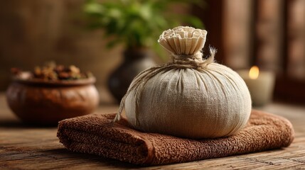 Still life of herbal compress ball on towel and wood table