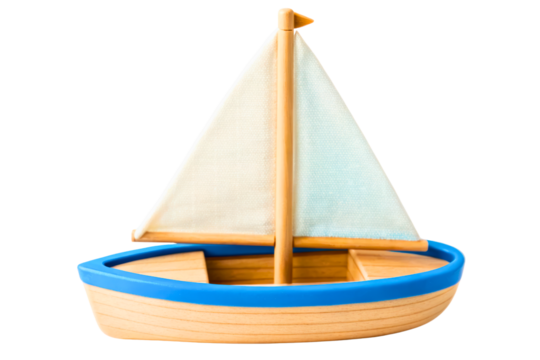 Simple wooden toy sailboat with a white sail and blue trim isolated with transparent background