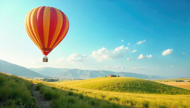 Whimsical Hot Air Balloon Soaring Over Vibrant Blue Sky, Casting Long Shadow on Scenic Landscape - Perfect for Travel, Adventure, and Freedom Themes