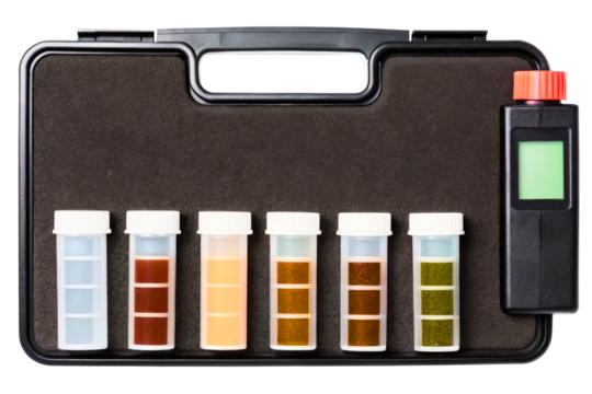 Water quality testing kit with color samples and digital meter isolated with transparent background