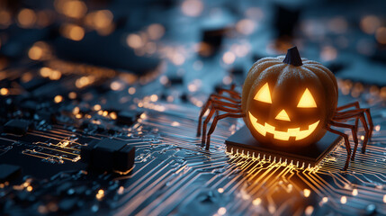A cybersecurity-themed Halloween Jack-o’-Lantern with a spider, blending spooky vibes with digital security elements.
