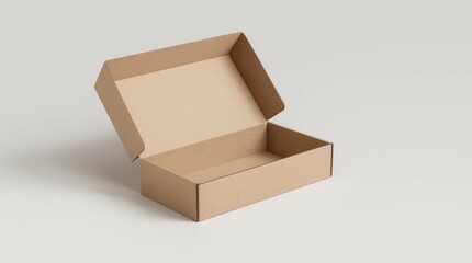 Open brown cardboard sliding box on clean white surface, natural shadow, minimal packaging mockup