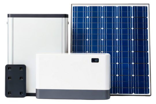 Off-grid solar energy system with panel and battery backup isolated with transparent background
