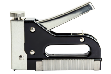 Heavy-duty metal construction staple gun for upholstery work isolated with transparent background