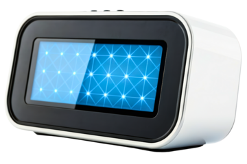 Modern digital alarm clock with a glowing blue grid display isolated with transparent background