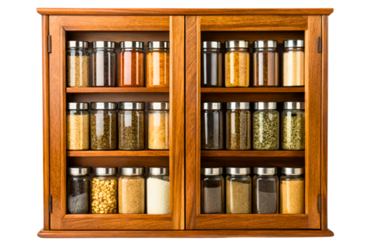 Wooden spice cabinet filled with a variety of seasoning jars isolated with transparent background