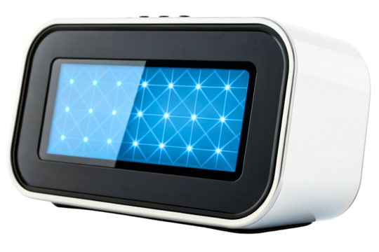 Modern digital alarm clock with a glowing blue grid display isolated with transparent background