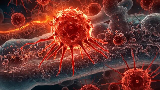 The enemy within: a dynamic representation of microscopic cancer cells, showcasing their fierce nature and potential for disruption.