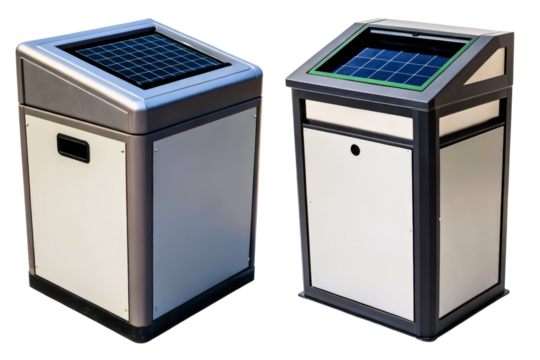Two modern solar-powered smart trash cans for public spaces isolated with transparent background