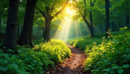 Obraz premium Sun-dappled path winding through a lush, green forest, sunlight filtering through leaves, creating a magical atmosphere Perfect for nature, travel, and adventure themes , sunbeams, hiking, shadow