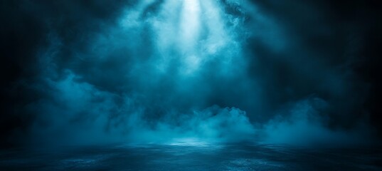 Fototapeta premium Mysterious bright blue spotlight beam piercing through dark smoky atmosphere illuminating the ground below with ethereal light
