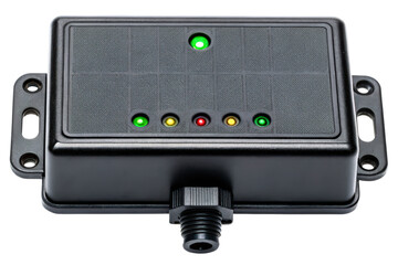 Industrial control box with status indicator lights for machinery isolated with transparent background