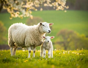 Obraz premium Mother sheep and lamb in a spring meadow