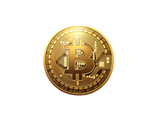 Golden Bitcoin Coin with Blockchain Network Nodes, Front View, Isolated on Transparent Background