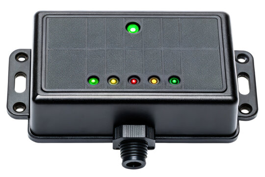 Industrial control box with status indicator lights for machinery isolated with transparent background