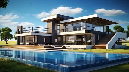 The conceptual design of a modern residence is brought to life in a 3D model situated directly on its technical architectural schematics.