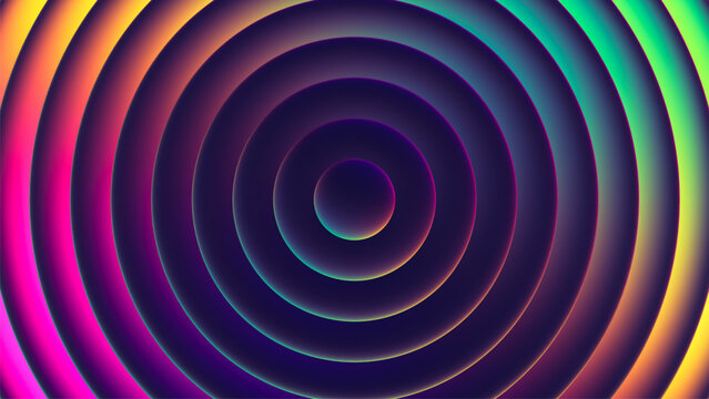 Iridescent futuristic hypnotic colorful neon concentric circles with smooth gradient transitions. Bold dynamic design blending radiant neon tones for modern visual art project. Vector illustration
