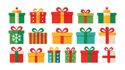 Colorful Christmas Presents Collection with Ribbons and Bows on White Background