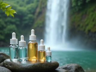 Dropper bottles with oils and serums in front of a beautiful waterfall.