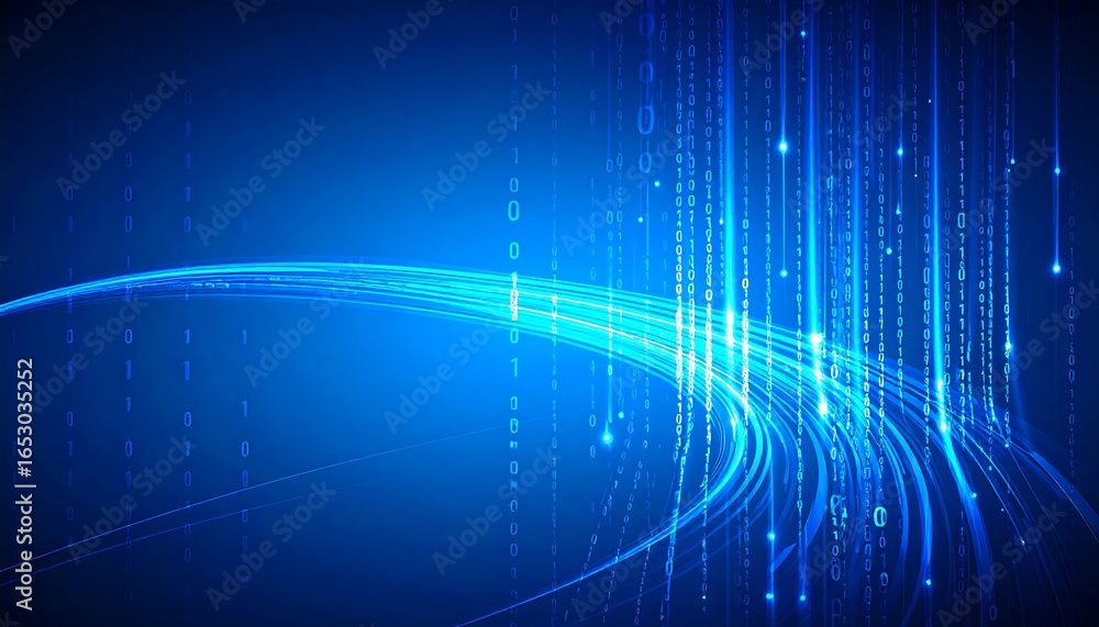 Poster a dynamic digital design displays a network of binary code flowing along smooth, light blue curves.