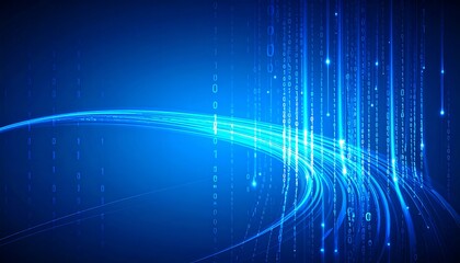 A dynamic digital design displays a network of binary code flowing along smooth, light blue curves.
